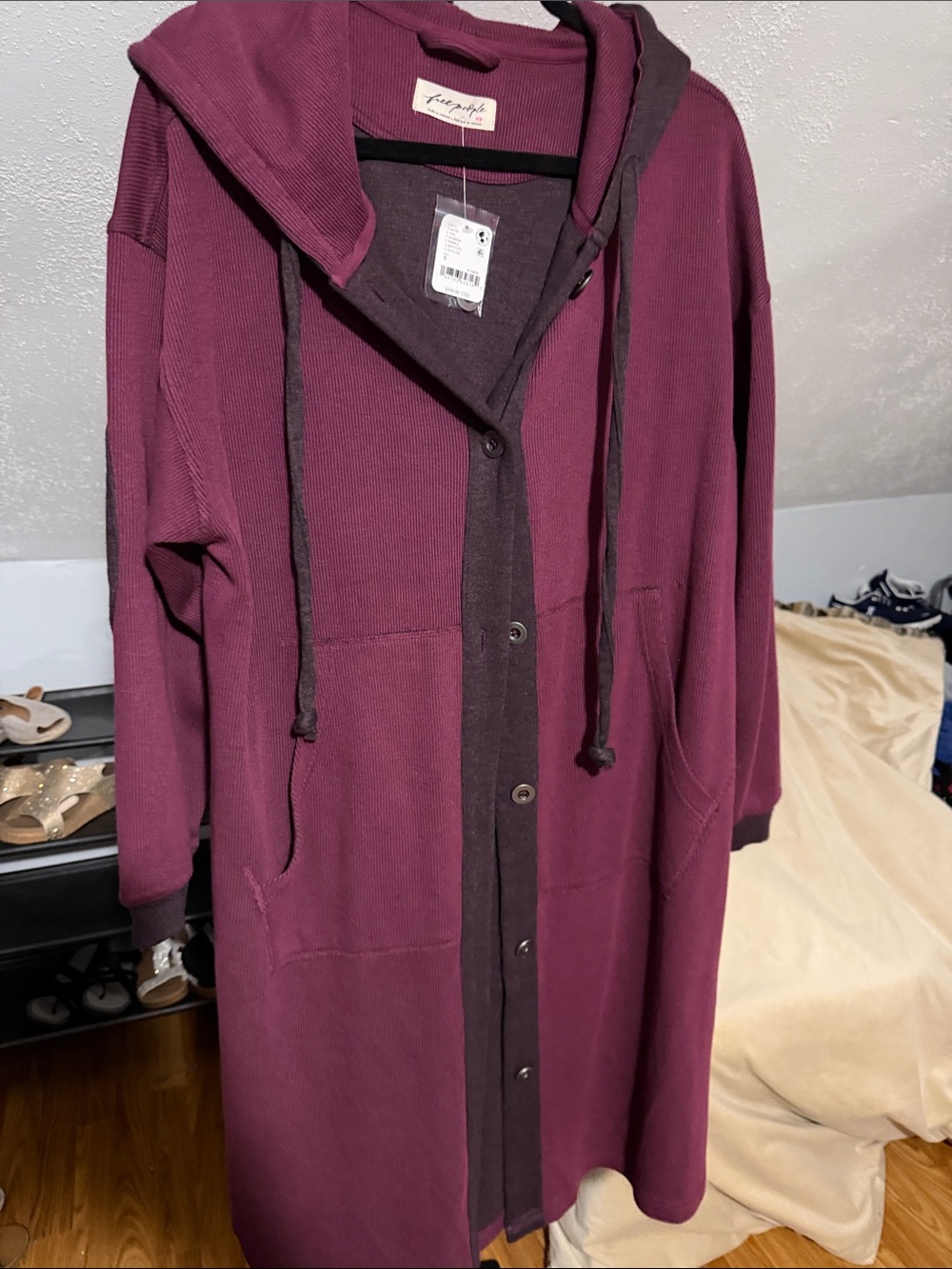 Free People Two-Tone Hooded Long Cardigan in Plum and Dark Brown